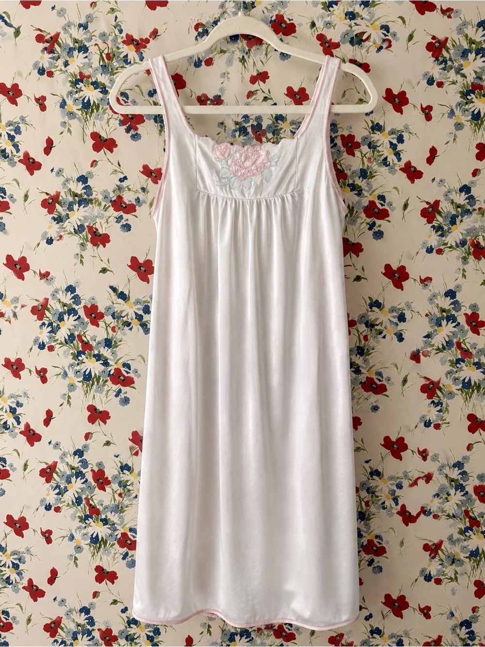 vintage vassarette satin floral embroidered maxi nightgown coquette slip dress